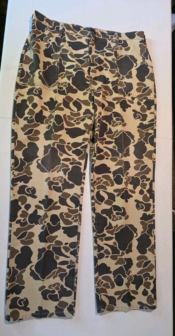 VTG Duck Camo Hunting Pants XL Made USA Cotton Adjustable Waist Measures-38x34